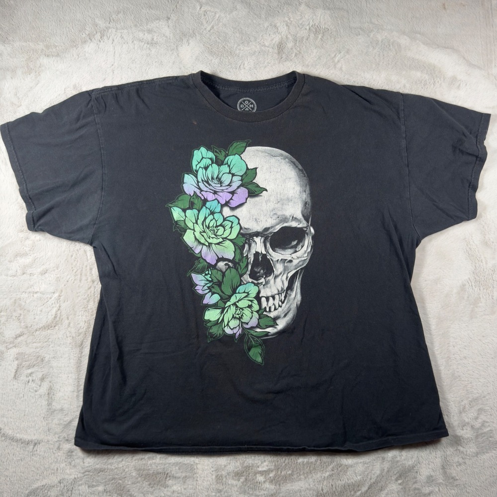 DOM Womens 2XL Black Floral Skull Graphic‎ T-Shirt Cotton Short Sleeve Tee